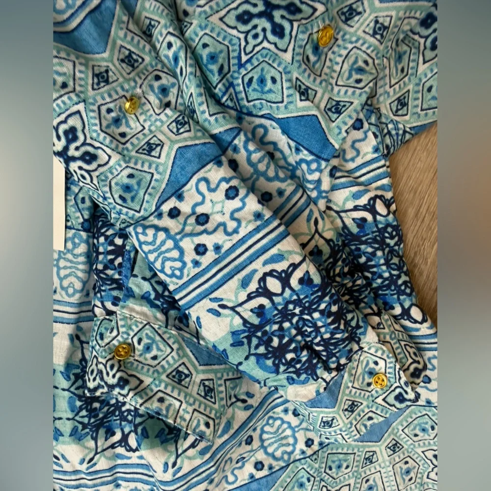 NWT Charter Club Linen Button‎ Down Shirt Long Sleeve Blue Mint Petite Large - Picture 7 of 8